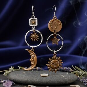 Boho Chic Sun Moon Star Asymmetrical Dangle Earrings | Celestial Vibes